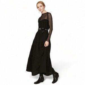 PAMELA LOVE Sheer Maxi Tiered Dress Black Long Sleeves Wednesday Goth Emo Size L
